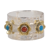 Silver Spinner multi turquoise coral ring